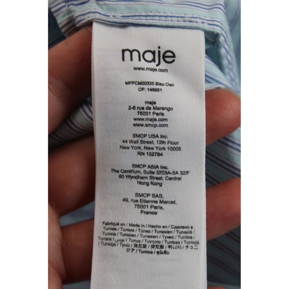 Maje Size M? Blue Striped Poplin Cropped Button Down Shirt Top Elastic Hem - Picture 6 of 10